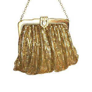 1940s Whiting and Davis gold mesh evening bag with rhinestone clasp
